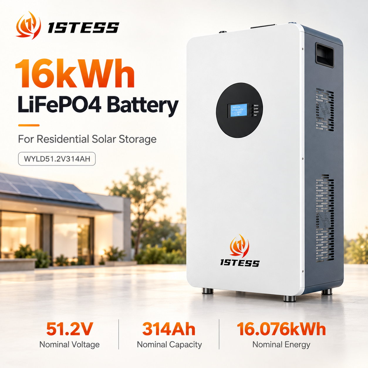 1stess 51.2V 314Ah 16kWh LiFePO4 Battery for Solar Storage