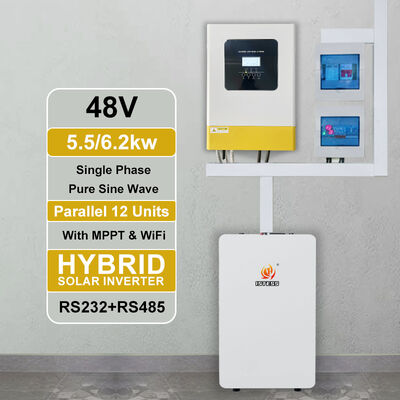 48V 6200W 5500W Off Grid Hybrid Inverter 1 Phase 500V Max PV Input Pure Sine Wave 80A AC Charger for Cabin Home Use